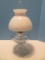Pressed Glass Pedestal Oil Lamp w/ Chimney & Hobnail Milk Glass Shade