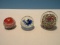 3 Art Glass Paperweights 2 Flower Pattern & Abstract Multicolor Design