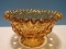 Amber Pressed Glass Moon & Star Pattern Compote Footed Bowl w/ Crimped Edge