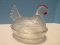 Clear Pressed Glass Figural Hen on Nest Covered Candy Dish w/ Red Cold Paint