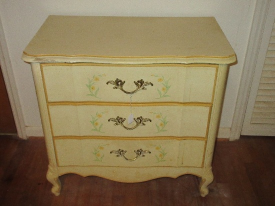 French Provincial Style Bachelor's Chest Ecru Finish w/ Gold Trim 3 Drawers