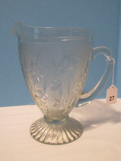 Jeannette Depression Glass Clear Iris & Herringbone 9" Footed Pitcher 56oz. Circa 1928-1932