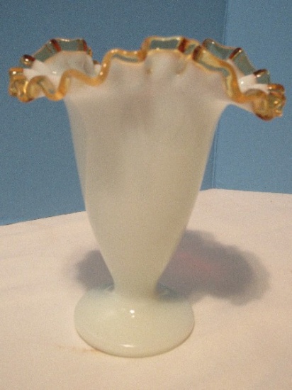 Fenton Art Glass Gold Crest Milk Glass Body Gold Tint Trim 6 1/2" Crimped Vase