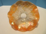 Dugan Peach Opalescent Carnival Glass Footed Bowl Dogwood Flowers & Foliage Pattern