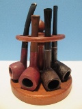 Vintage Wooden Half Moon Pipe Stand w/ 4 Pipes Danish Sovereign, Medico Lancer