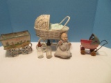 Vintage Toys Metal Baby Buggy Carriage w/ Wooden Wheels, Wicker Doll w/ Pram