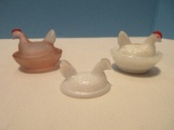 2 Miniature Hen on Nest Westmoreland Milk Glass, Pink Satin Glass & Milk Glass Hen Only