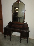 Depression Era Style Mahogany Vanity w/ Attached Arched Mirror on Wooden Casters
