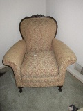 Depression Era Style Rolled Arm Occasional Chair w/ Carved Mahogany Trim