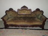 Phenomenal Victorian Era Style Flame Grain Mahogany Parlor Sofa Heavily Carved Rosebuds