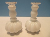 Pair - Fenton Art Glass Silver Crest Clear Crimped Crest on Milk Glass 5 1/2