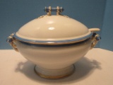 Simply Elegant Covered Oval Footed Tureen w/ Slot Lid & Ladle Blue & Gild Trim
