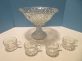 Pressed Glass 2 Piece Pedestal Punch Bowl w/ 4 Cups Hobstar & File Pattern