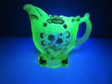 Vaseline Opalescent Glass Footed Creamer w/ Gilt Flower & Trim Design