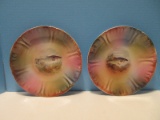 2 Early Porcelain Plates Center Fish Scene Pastel Hues Border Embossed Makers Mark