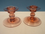 Pair - Pink Depression Glass Single Light Candlesticks