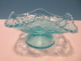 Dugan Blue Opalescent Glass Question Marks Exterior Belle Pattern Compote