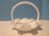 Fenton Art Glass Milk Glass Hobnail Pattern Handled Basket Crimped Ruffle Edge