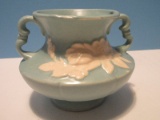Vintage Weller Pottery Cameo Rose Pattern Blue Handled Vase