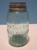 Vintage Atlas Strong Shoulder Mason Blue Glass Canning Jar w/ Atlas Zinc Cap Lid