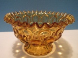 Amber Pressed Glass Moon & Star Pattern Compote Footed Bowl w/ Crimped Edge