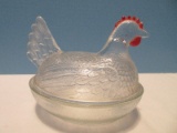 Clear Pressed Glass Figural Hen on Nest Covered Candy Dish w/ Red Cold Paint