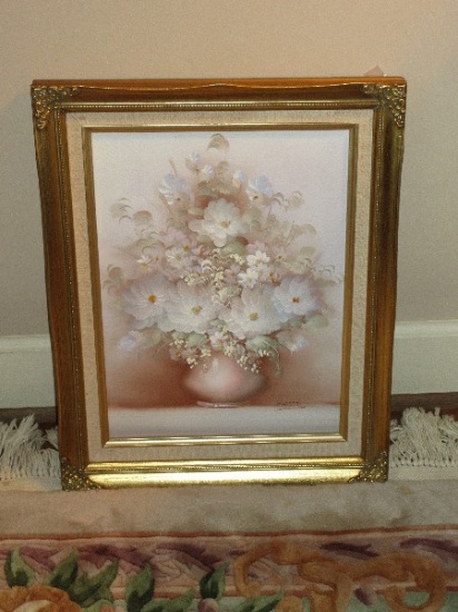 Still-Life Vase Floral Arrangement Oil on Canvas Original Artwork Attributed to Bossy