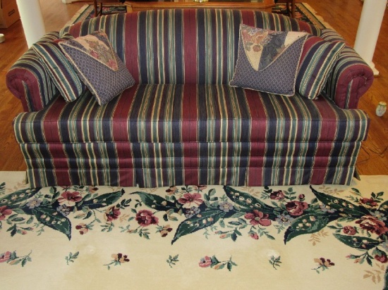 Green/Blue/Red Striped Upholstered Couch Scroll Arms w/ Wood Feet, Arch Top