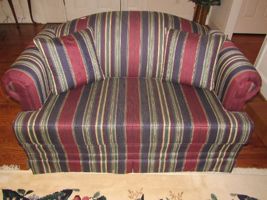 Green/Blue/Red Striped Upholstered Sofa Scroll Arms w/ Wood Feet, Arch Top
