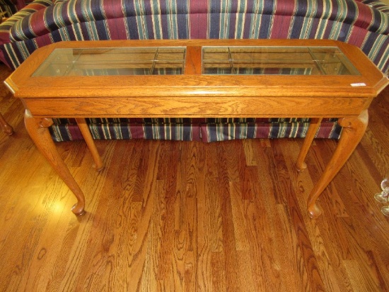 Wooden Side Table w/ Square Patterned 2 Lined Glass Center, Scroll Top Entry Table