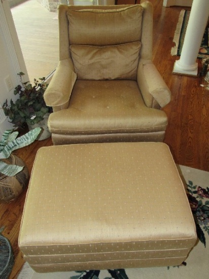 Perfection Gilded Upholstered Arm Chair w/ Wood Legs w/ Ottoman