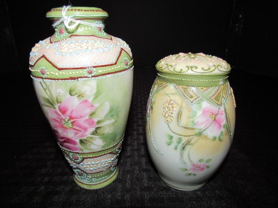 Beautiful Hand Painted Porcelain Vase w/ Narrow Top & Matching Potpourri Jar