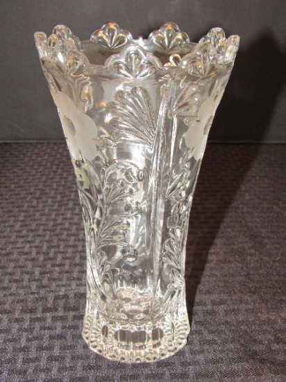 Tall Crystal Glass Vase w/ Scroll Cut/Frosted Floral Design w/ Scallop Rim Top