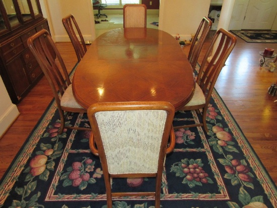 Wooden Extendable Dining Table w/ Leaf Diamond Cut Pattern on Double Columns