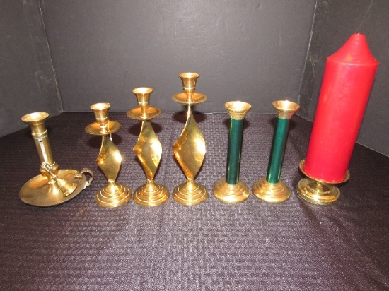 Brass Candle Lot - Twist Design, 1 w/ Bell/Holder, 2 Green, Etc.