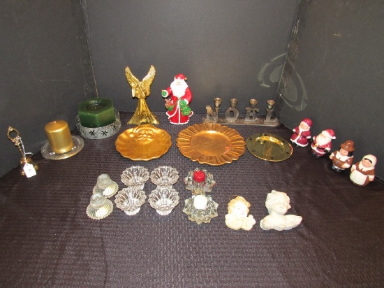 Christmas Décor Lot - Santa Salt/Pepper Shakers, Tall Santa, Gilded Angel, Etc.