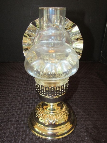 Brass Plate Vintage Style Candle Holder Lamp w/ Metal Reflection Plate, Glass Shade