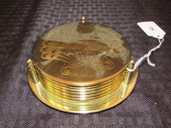 6 Brass Scallop Carved Coasters on Holder Stand