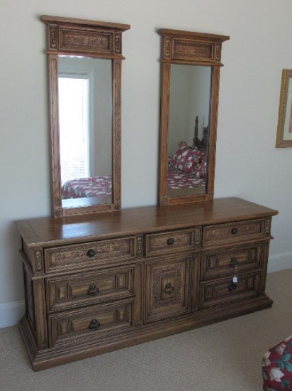 Wooden Stanley Furniture Teak Dresser w/ 2 Attached Mirrors, 7 Drawers, 1 Door