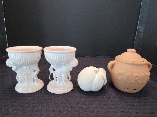 Ceramic Lot - Cherubs Holding Bowls Bud Vases 4 1/2" H Apple, "Garlic" Potpourri Jar