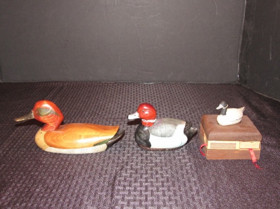 Lot - Wooden Duck Green-Winged Tail, Jasco Duck, Wooden Matchbox Holder w/ Duck Finial