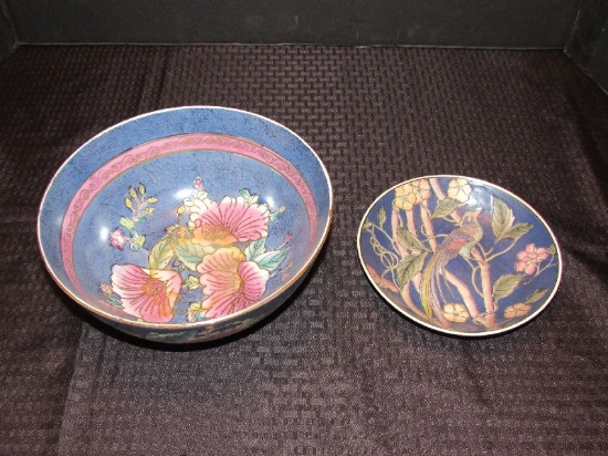 Porcelain Bird Colorful Plate 7 1/2" D & Large Porcelain Décor Bowl
