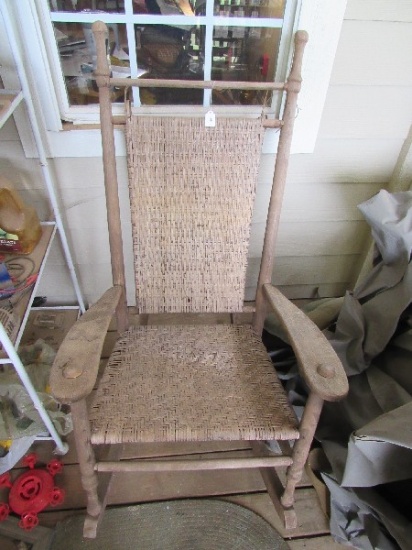 Wooden Vintage Rocker Wicker Seat/Back Scallop Finials/Legs