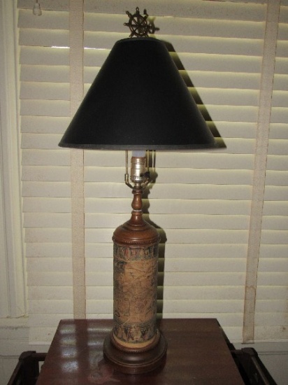 Vintage Table Lamp w/ Old World Map Overlay, Skip Wheel Finial