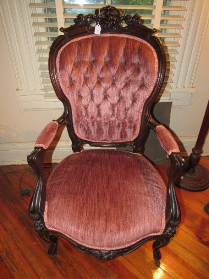 Antique Dark Wood Rococo Revival-Style Arm Chair Pink Upholstered Pin Back/Seat