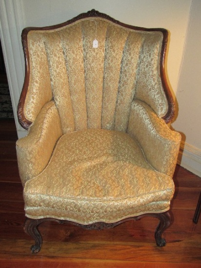Antique Scalloped Back Upholstered Arm Chair Floral Curved Wooden Trim/Finial