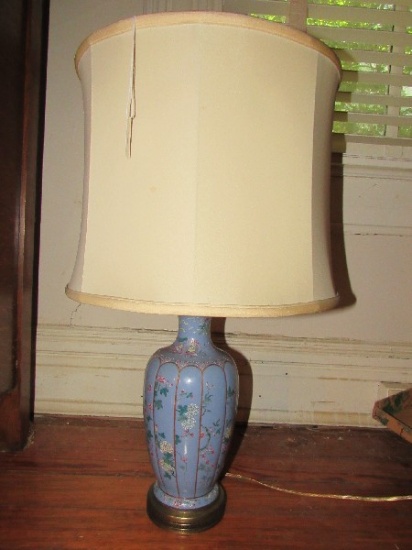 Blue Ceramic Table Lamp hand Painted Pink/White Floral Pattern w/ Tan Shade Ball Finial