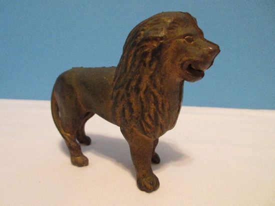 Vintage Cast Iron Figural Lion Coin Bank Antique Gilded Patina