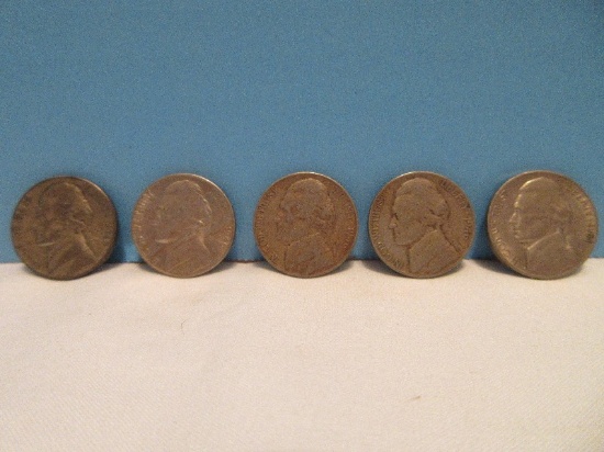 5 Jefferson Nickels 1945 No Mark, Three 1946 Denver, San Francisco No Mark
