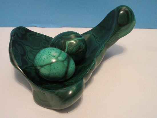 Amazing Natural Polished Malachite Geode Concave Nest Bowl w/ 2 Egg Geodes